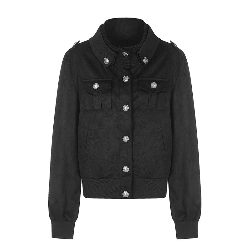 Women's Short Cut Velvet Velours Bomber Jacket with Decorative Buttons and Epaulets Chichicherry