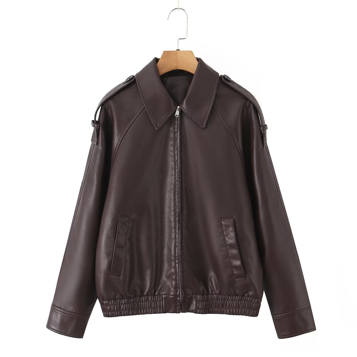 Women's Oversized Faux Leather Flight Jacket with Bonded Collar, Shoulder Epaulettes, and Elastic Hem Chichicherry