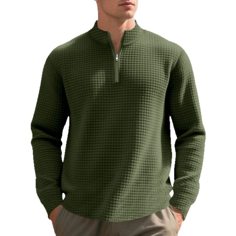 Men's Quilted Quarter-Zip Pullover with Check Pattern and Stand Collar Chichicherry