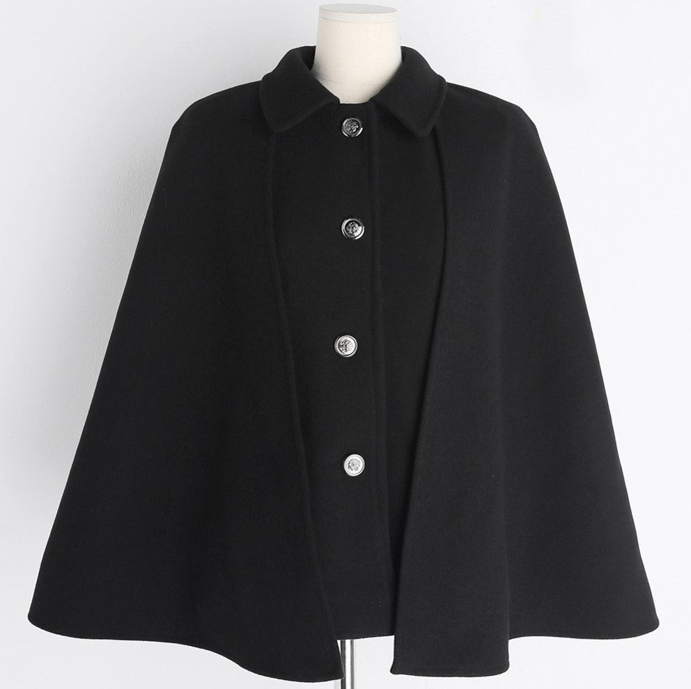 Women's Short Wool Blend Cape Coat with Shirt Collar and Patch Pockets Chichicherry