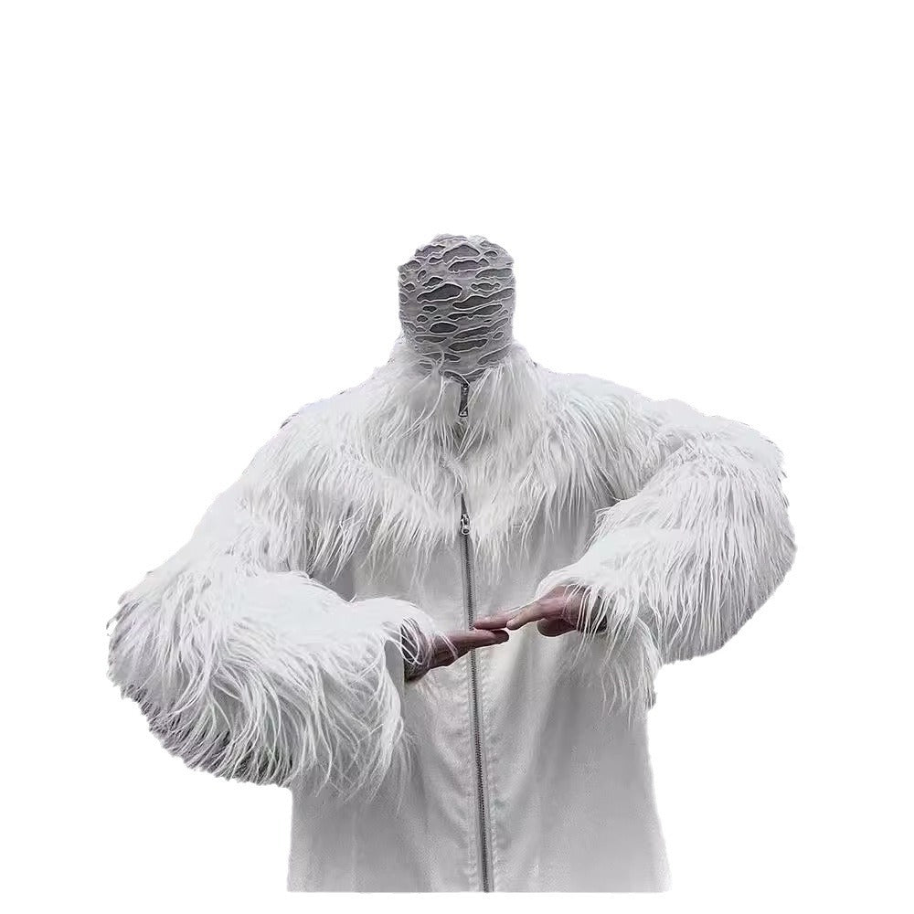 Men's Statement Faux Fur Jacket with Long Shaggy Sleeves and Asymmetrical Zipper Chichicherry