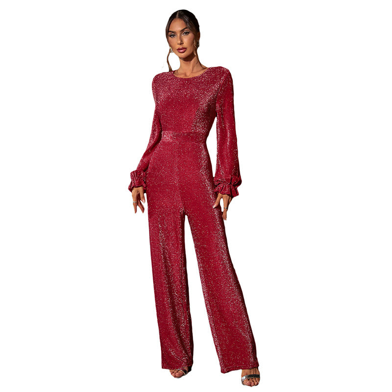 Ladies Glittering Evening Jumpsuit with Voluminous Ruffle Sleeves and Wide Leg Chichicherry