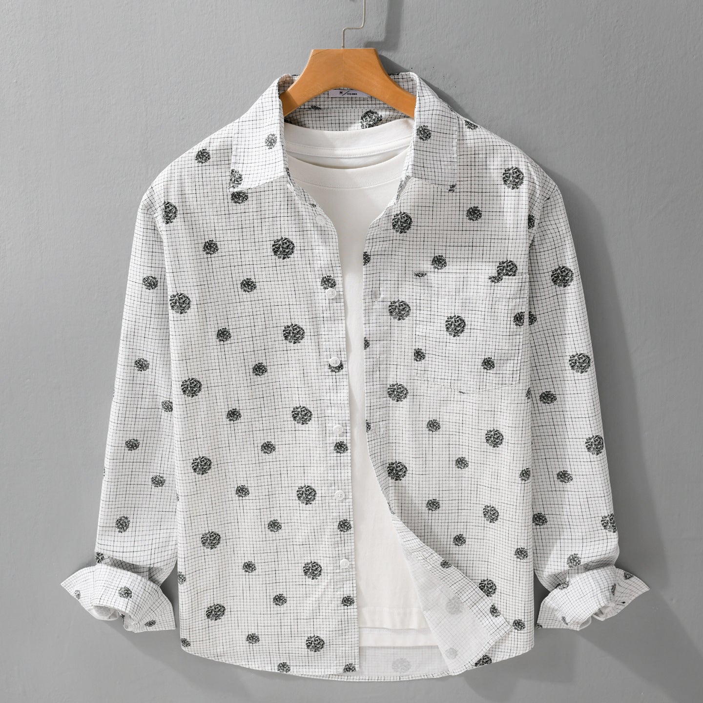 Men's lightweight long sleeve overshirt in shirt jacket style with fine check pattern and floral all-over Chichicherry