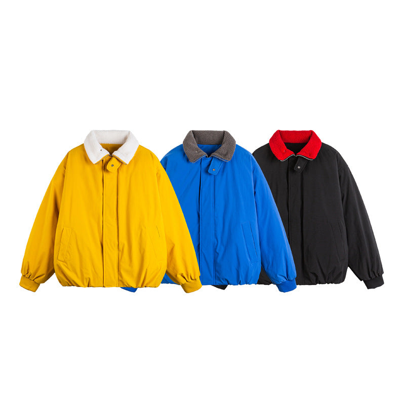 Unisex Short Cut Boxy Bomber Jacket with Teddy Turn-Down Collar and Concealed Front Chichicherry