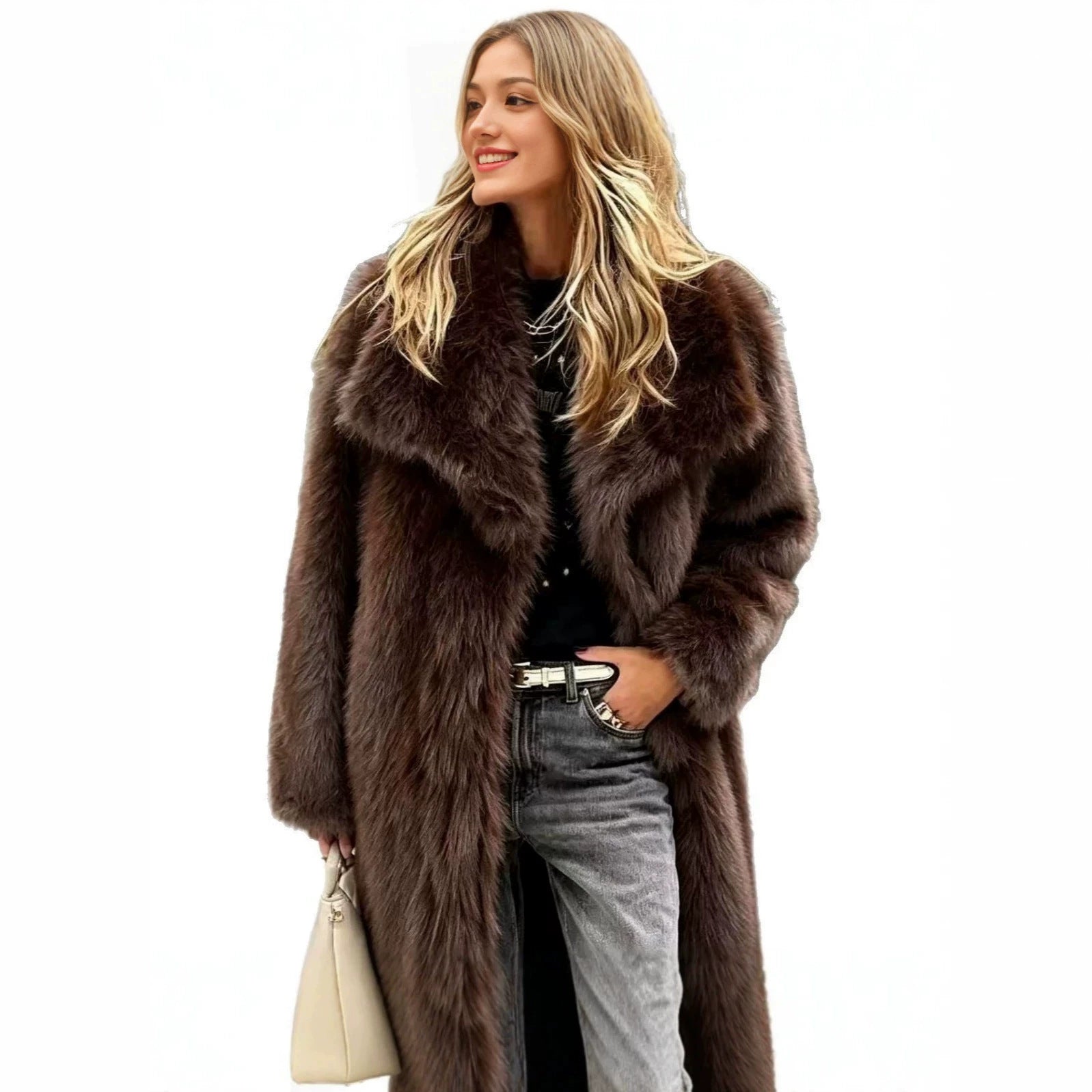 Women's Long High-Pile Faux Fur Coat with Oversized Lapel Collar and Straight Silhouette Chichicherry