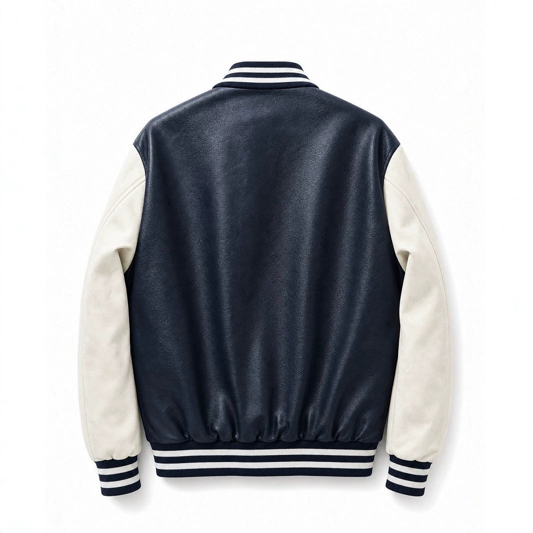 Men's college jacket in letterman style with faux leather body, contrast sleeves, and chenille patches Chichicherry