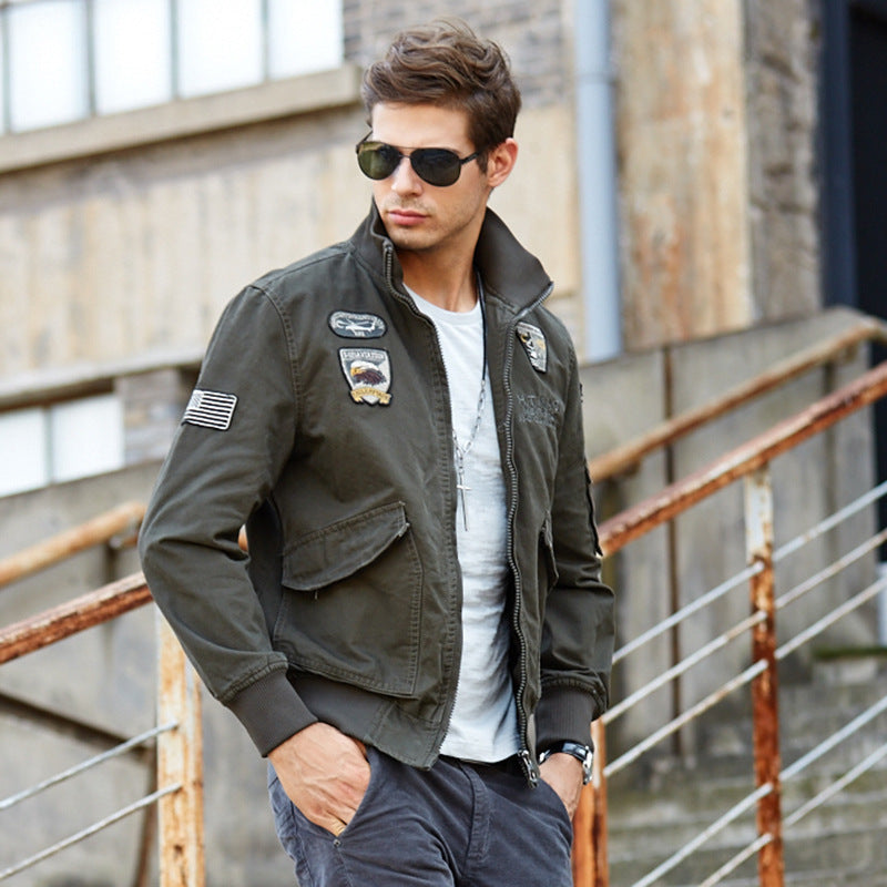 Men's short-cut bomber jacket made of canvas with emblem patches and arm pocket Chichicherry