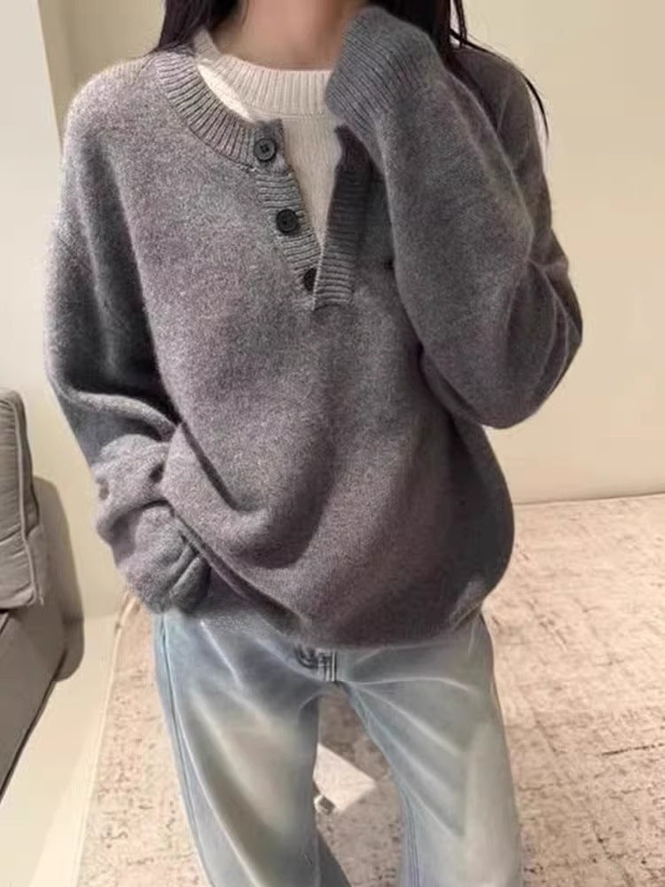 Women's Oversize Henley Pullover made of fluffy Mohair look with button placket Chichicherry