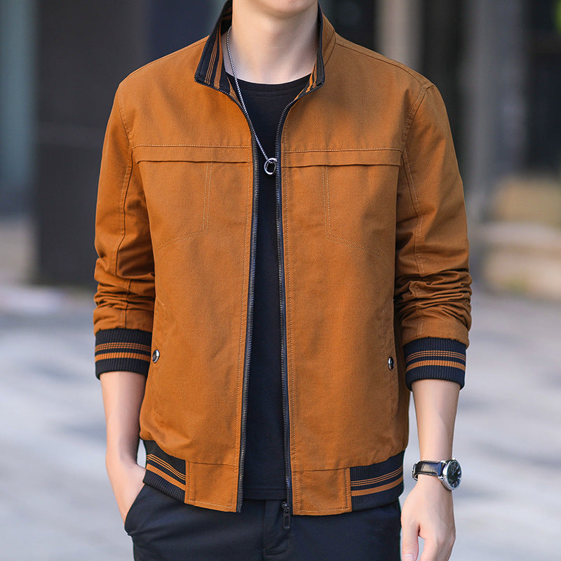 Men's modern canvas bomber jacket in worker style with striped ribbed cuffs and zipper Chichicherry
