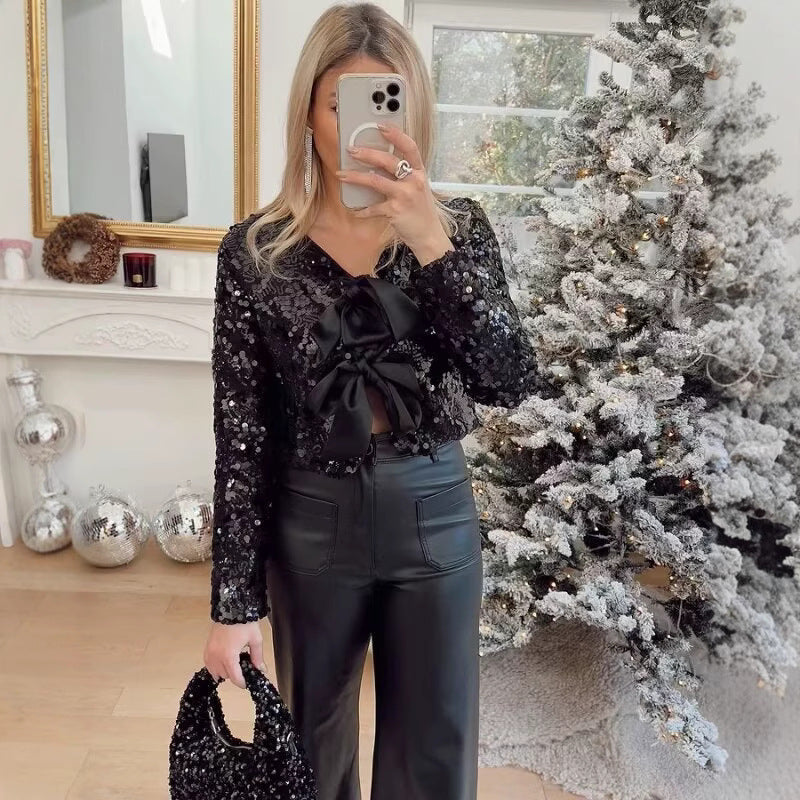 Women’s Short Jacket with Sequin Trim and Decorative Bow Front Chichicherry