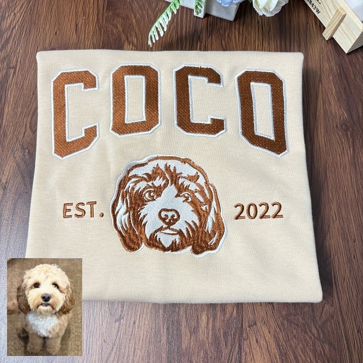 Unisex Embroidered College Sweatshirt with Dog Portrait and Vintage Logo Chichicherry