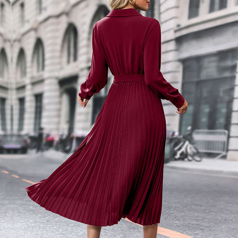 Women's Midi Pleated Dress with Wrap Top, Waist Belt and Pleated Skirt Chichicherry