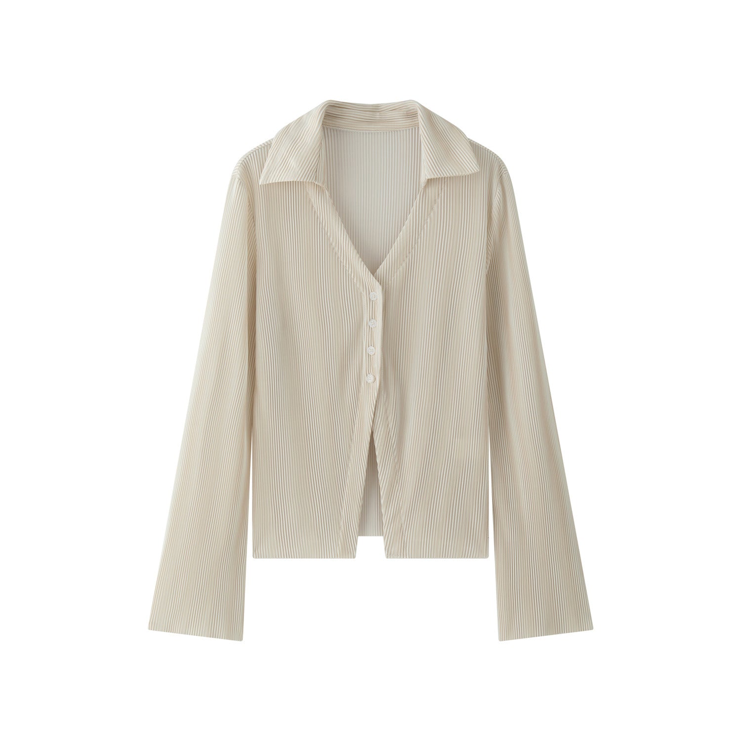 Women's Ribbed Pleated Shirt Blouse with V-Neck and Button Placket Chichicherry