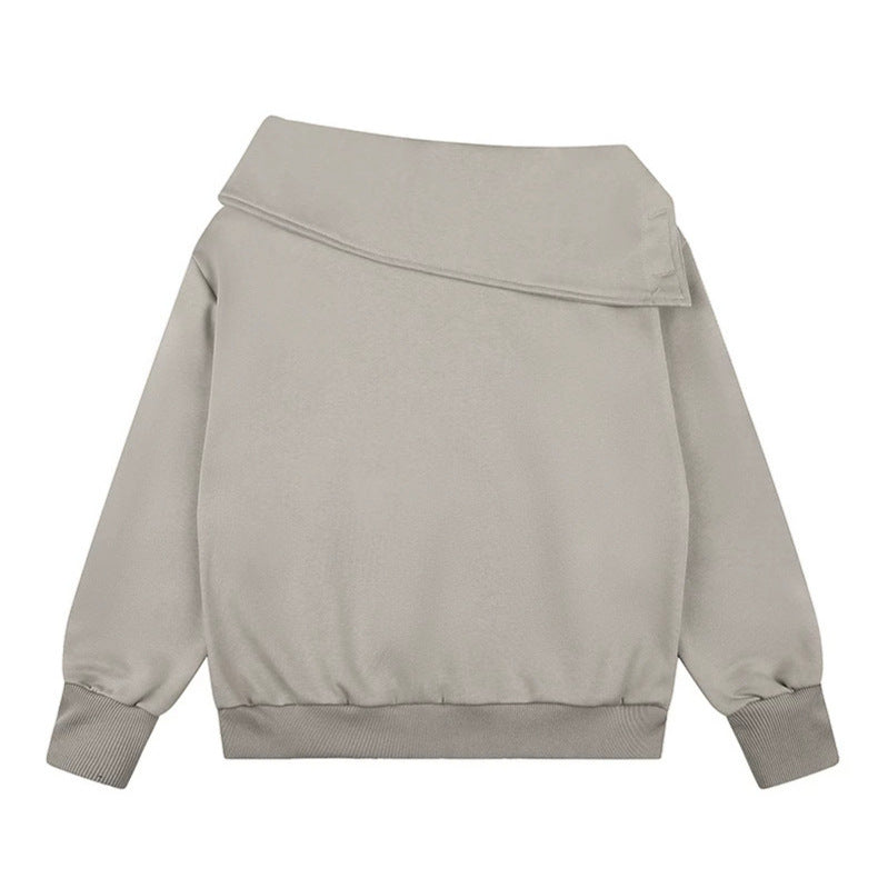 Women Asymmetric Sweatshirt with Wide Collar, Decorative Button Placket and Bead Application Chichicherry