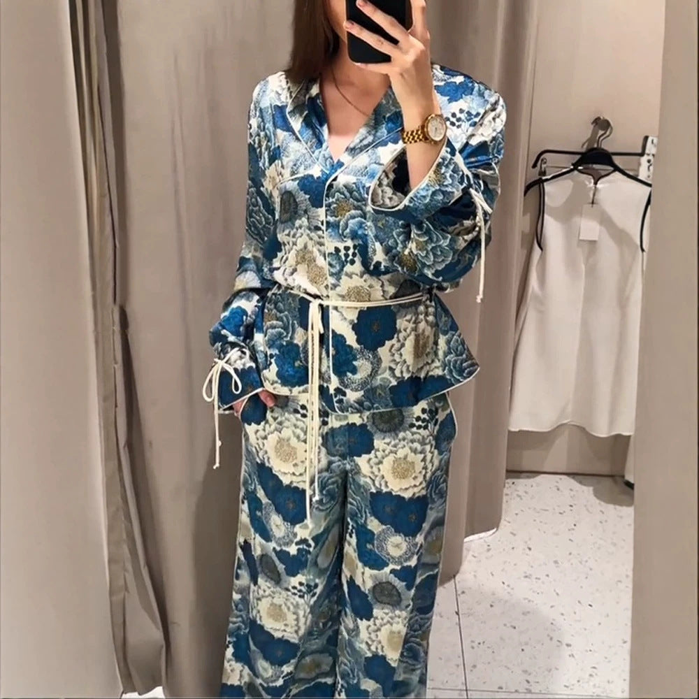 Women Two-Piece Floral Jacquard Loungewear Set with Waist Belt, Piping and Tied Sleeves Chichicherry