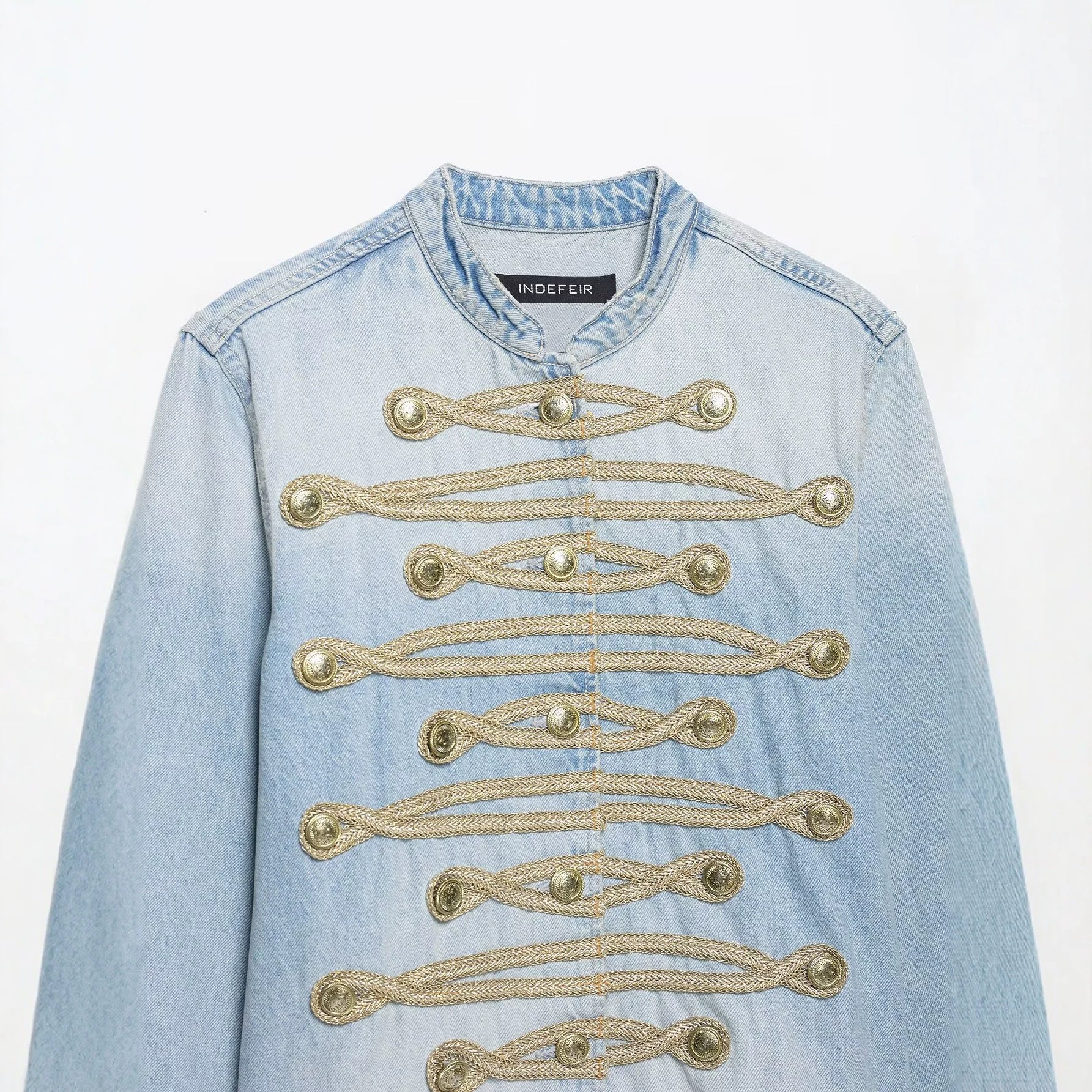 Women's short denim jacket in military style with cord appliqué and mandarin collar Chichicherry