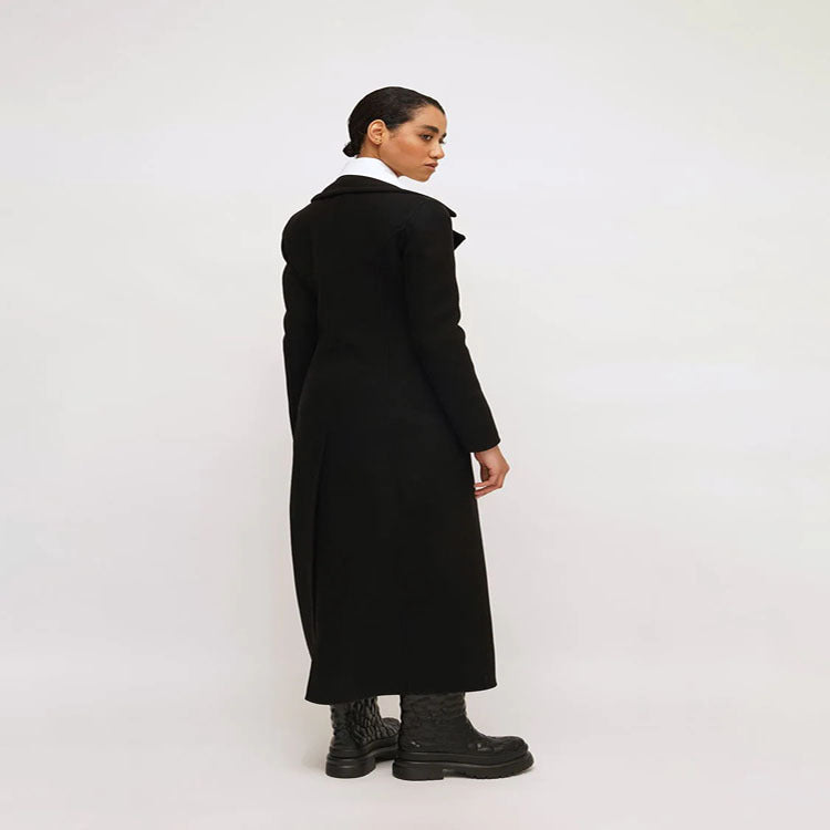 Women's Elegant Floor-Length Wool Blend Long Coat in Clean-Cut Double Breasted with Textured Shoulder Part Chichicherry