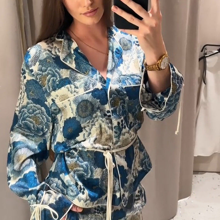 Women Two-Piece Floral Jacquard Loungewear Set with Waist Belt, Piping and Tied Sleeves Chichicherry