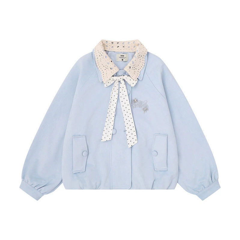 Women's Short Bomber Jacket with Crochet Collar and Ribbon Chichicherry