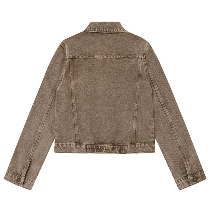 Women's short vintage denim jacket with chest pockets, zipper detail and button placket Chichicherry