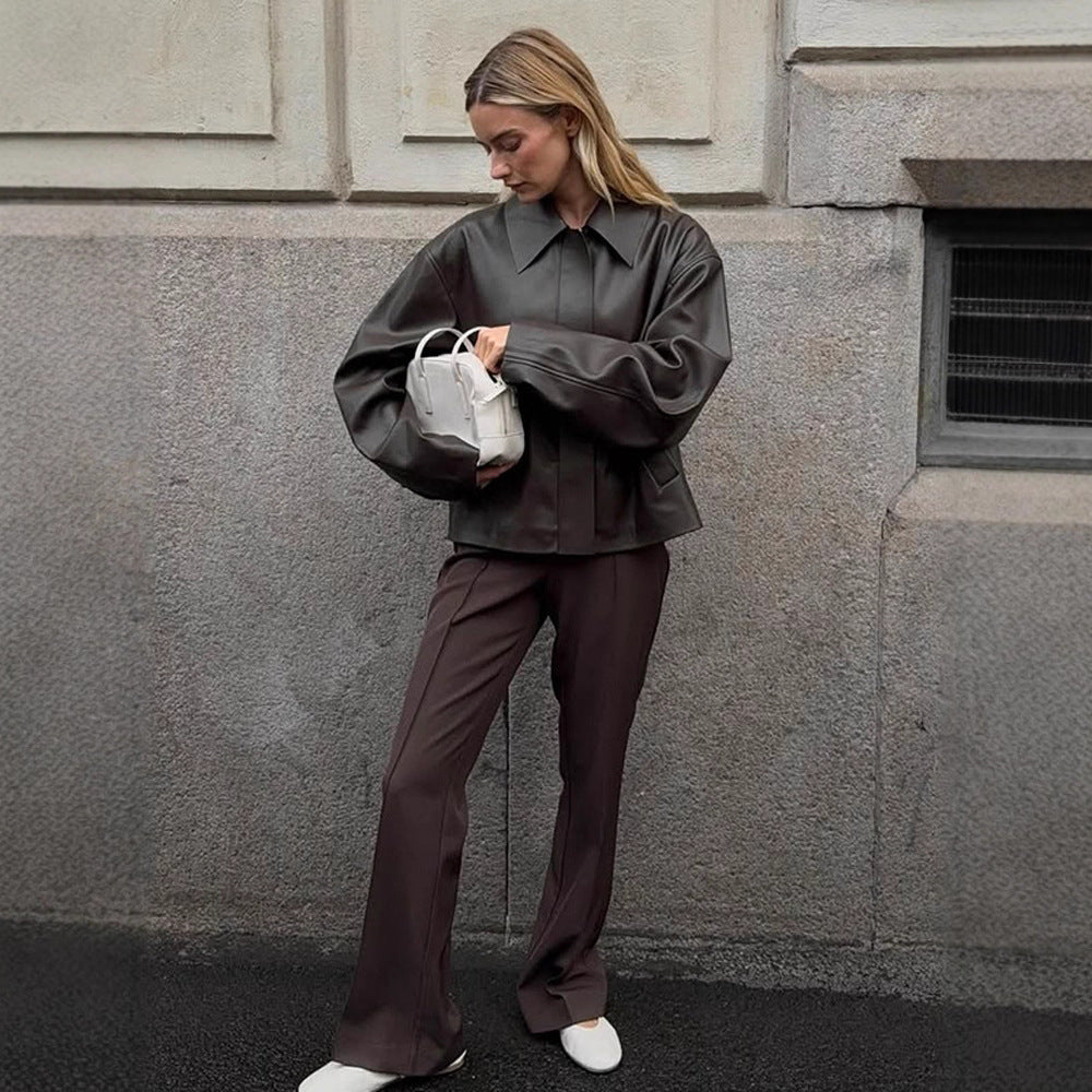 Ladies Cropped Boxy Jacket made of faux leather with oversized collar and concealed zipper placket Chichicherry