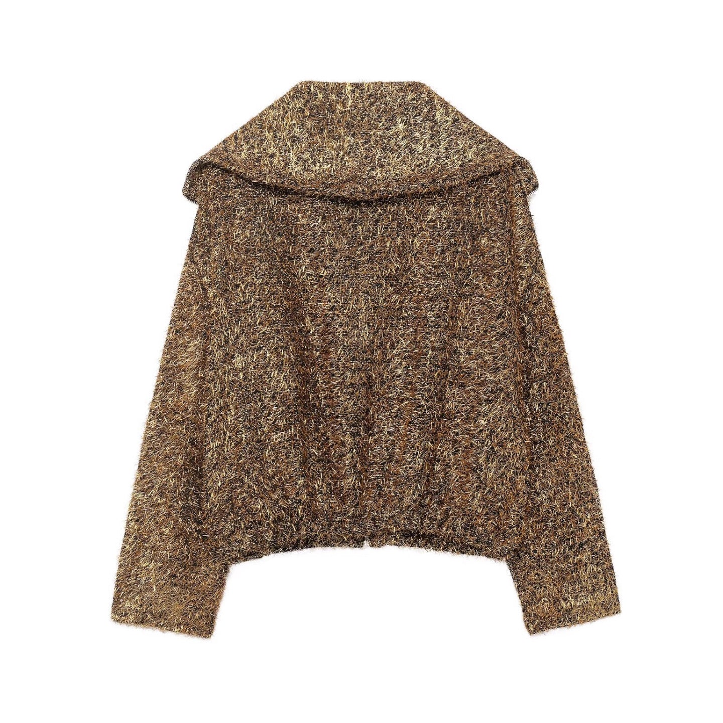 Ladies Glittering Boucle Zip Jacket with Wide Collar and Cropped Boxy Cut Chichicherry