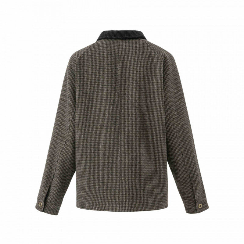 Men's Double-Breasted Wool Mix Field Jacket in Houndstooth with Corduroy Collar and Flap Pockets Chichicherry