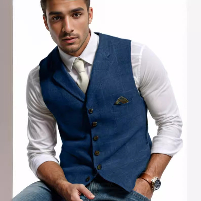 Herren Tweed-Weste im Vintage-Stil mit Revers, Brusttasche und Zierkettendetail Chichicherry