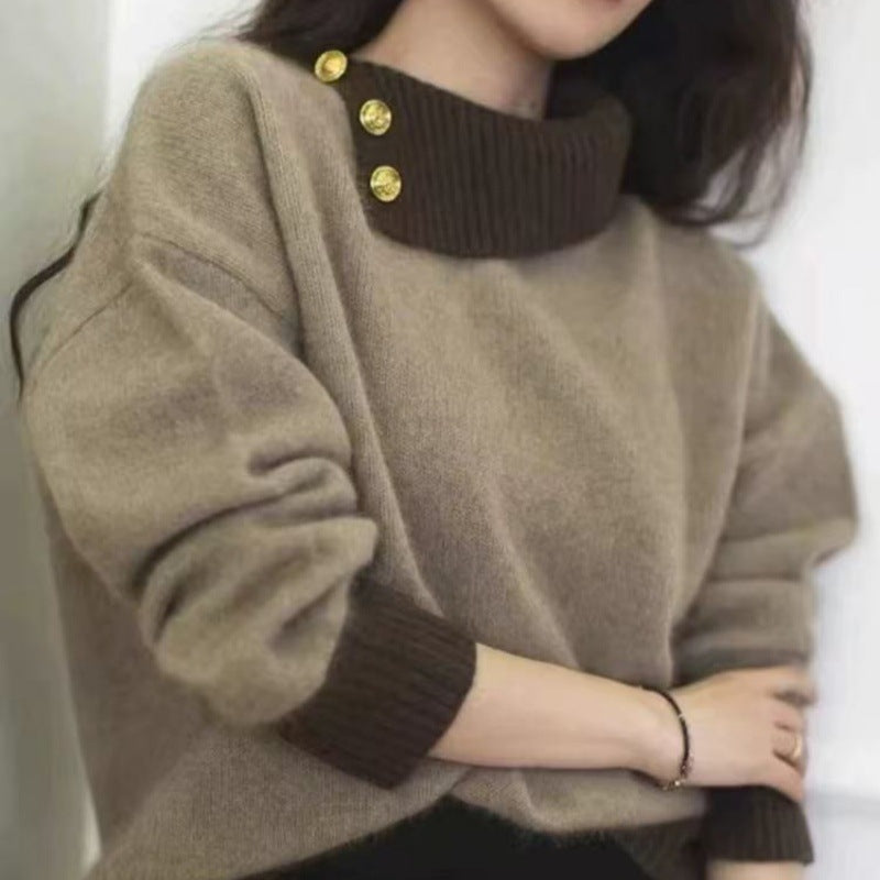 Women's Short-Cut Sweater with Asymmetrical Button Mock Neck and Balloon Sleeves Chichicherry