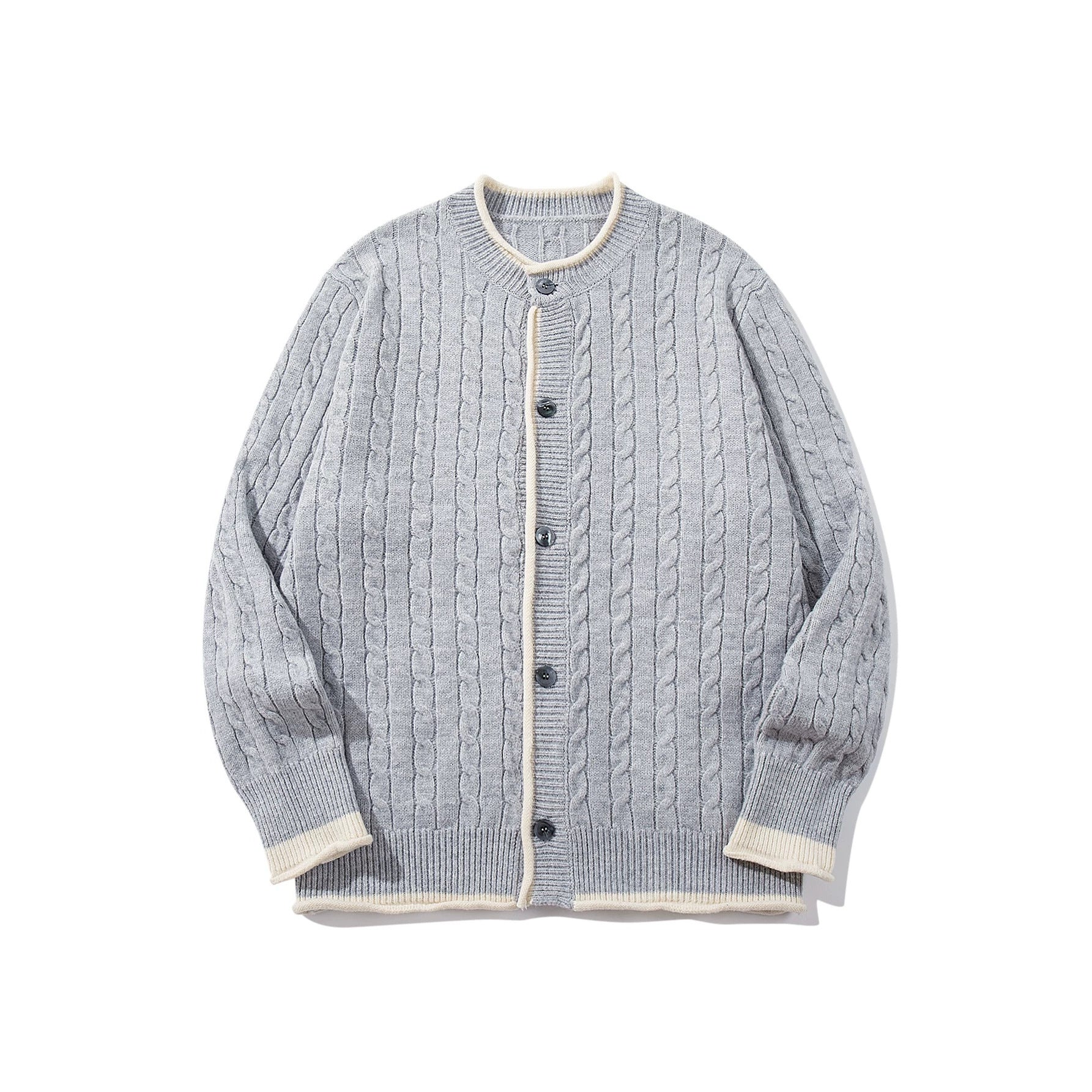 Unisex Cable Knit Cardigan with Round Neck, Contrasting Cuffs and Continuous Button Placket Chichicherry