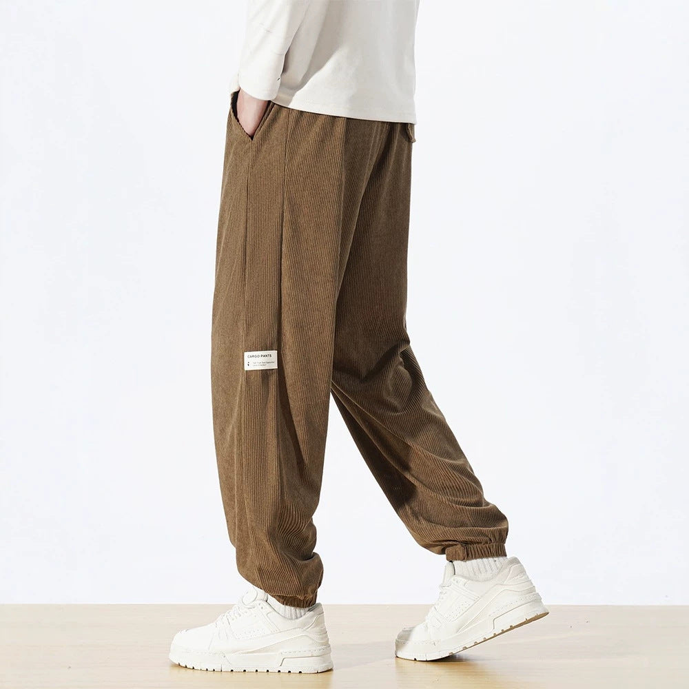 Men's Relaxed-Fit Cord Jogging Pants with Drawstring, Elastic Ankle Cuffs & Cargo Detail Chichicherry