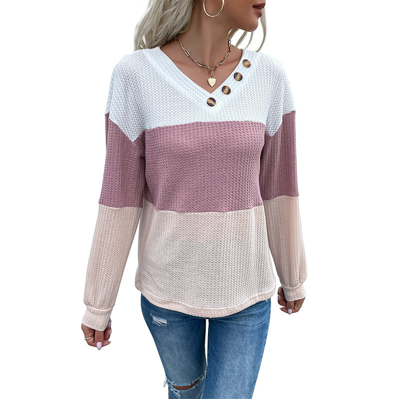 Women's yarn-structured color block pullover with V-neck and decorative button placket Chichicherry