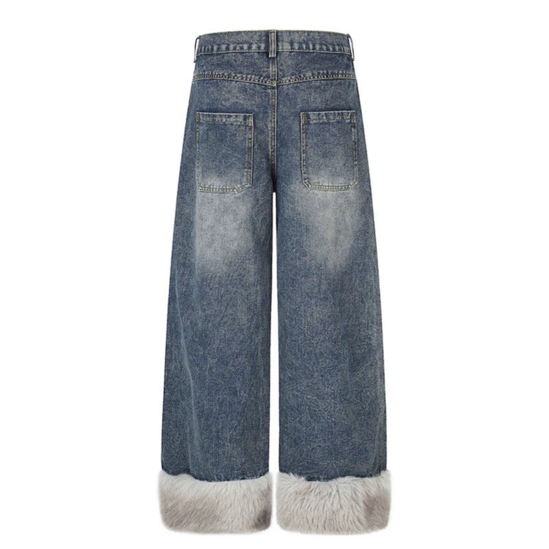 Women wide high-cut denim palazzo pants with check patch pocket and faux fur trim at hem Chichicherry