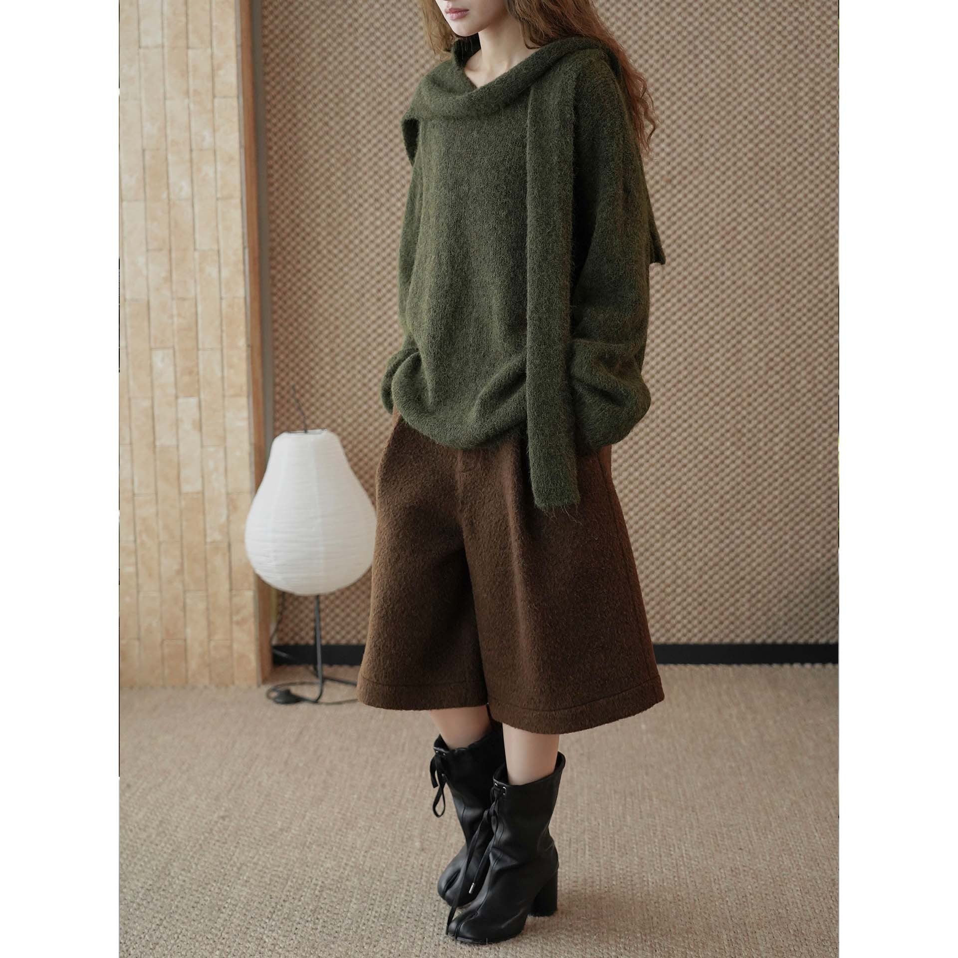 Women's Fluffy Mohair Mix Round Neck Sweater with Casual Long Vest Chichicherry
