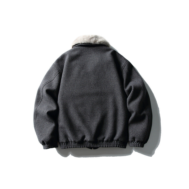 Men's Short Boxy Wool Blend Pilot Jacket with Faux Fur Collar and Elastic Hem Chichicherry