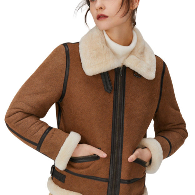 Women Short Cut Aviator Sheepskin Imitation Jacket with Teddy Lining and Faux Leather Trim Chichicherry