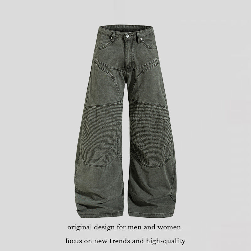 Women High-waisted wide Denim culotte pants with reinforced ribbed knee panels and patch stitching Chichicherry
