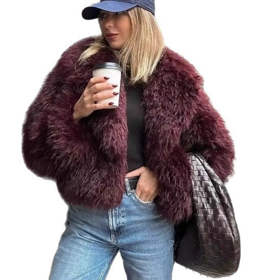 Womens cropped jacket in fluffy high-pile faux fur with deep shawl collar Chichicherry
