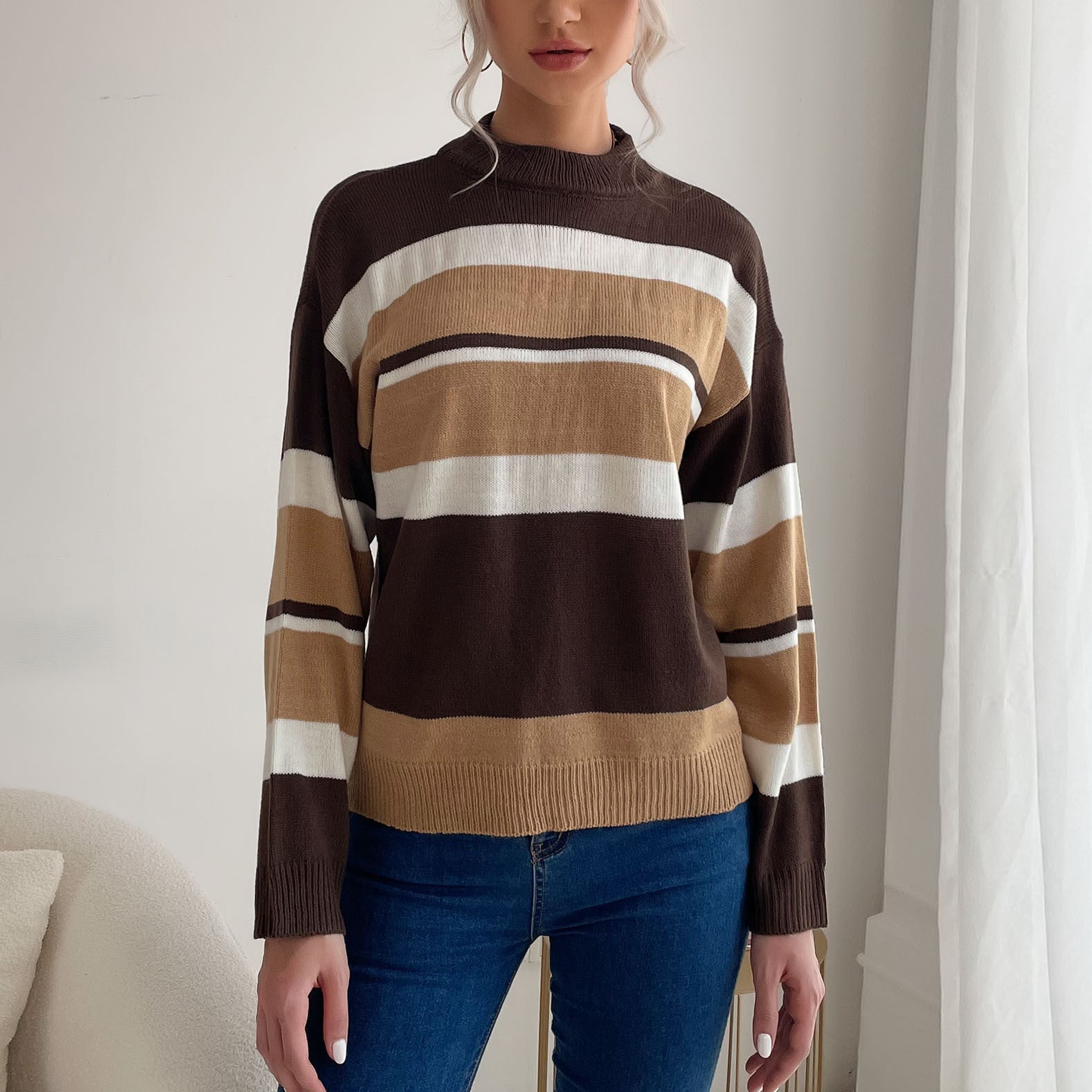 Women's Striped Fine Knit Sweater with Stand-Up Collar Chichicherry