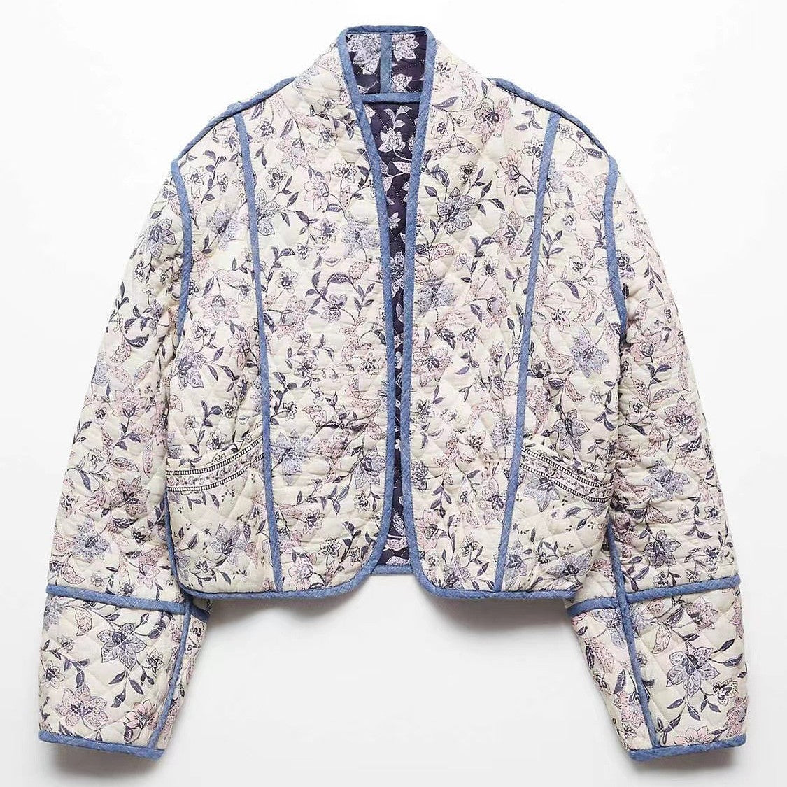 Women's short-cut quilted blouson jacket with floral embroidery and contrasting piping Chichicherry
