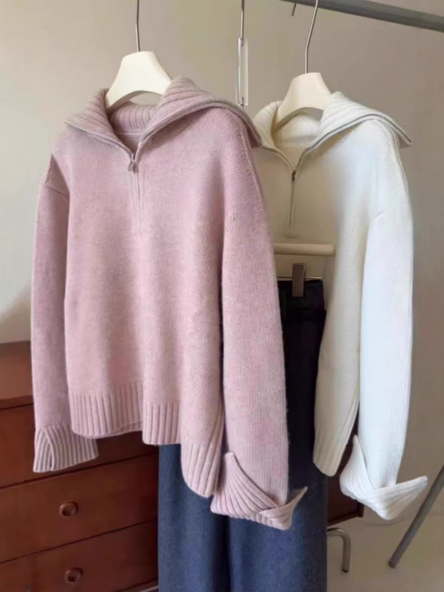Women Oversized Fine Knit Sweater with Half Zipper and Wide Turtleneck Chichicherry