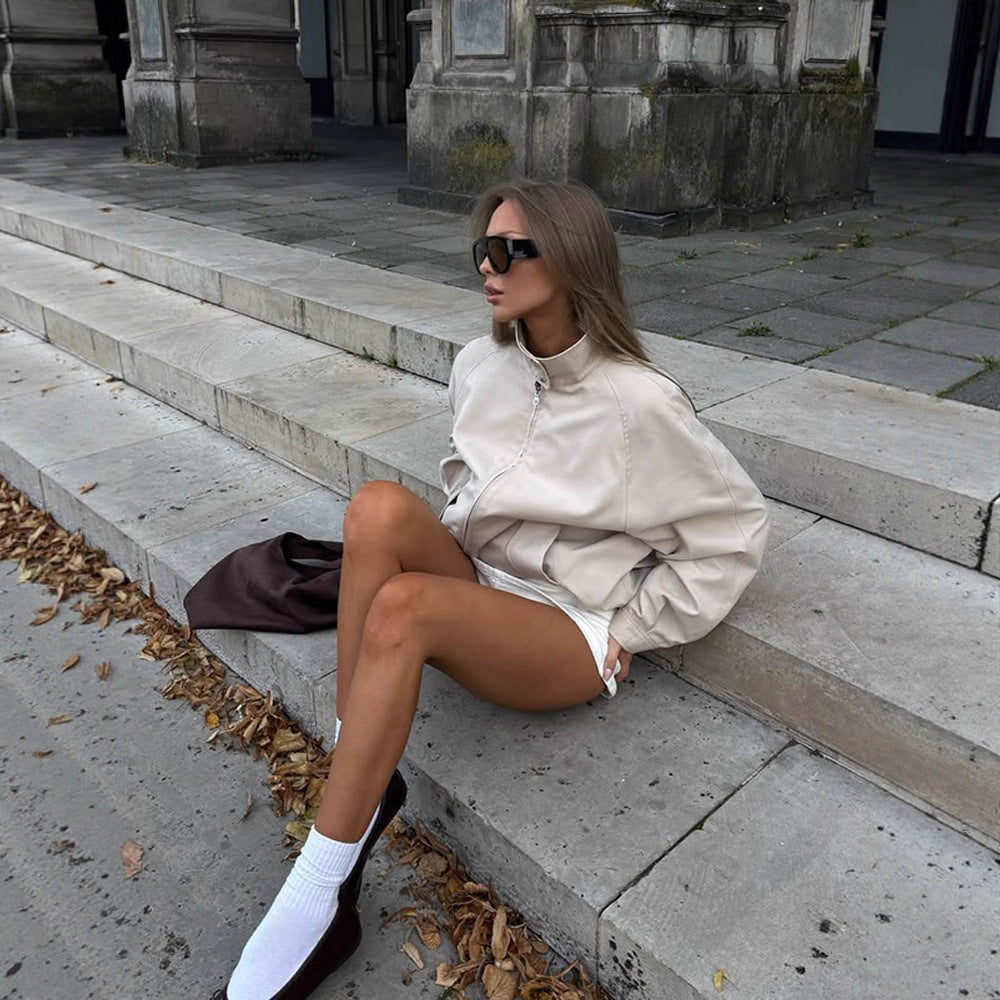 Women Lightweight Tailored Cropped Bomber with High Stand Collar and Raglan Sleeves Chichicherry