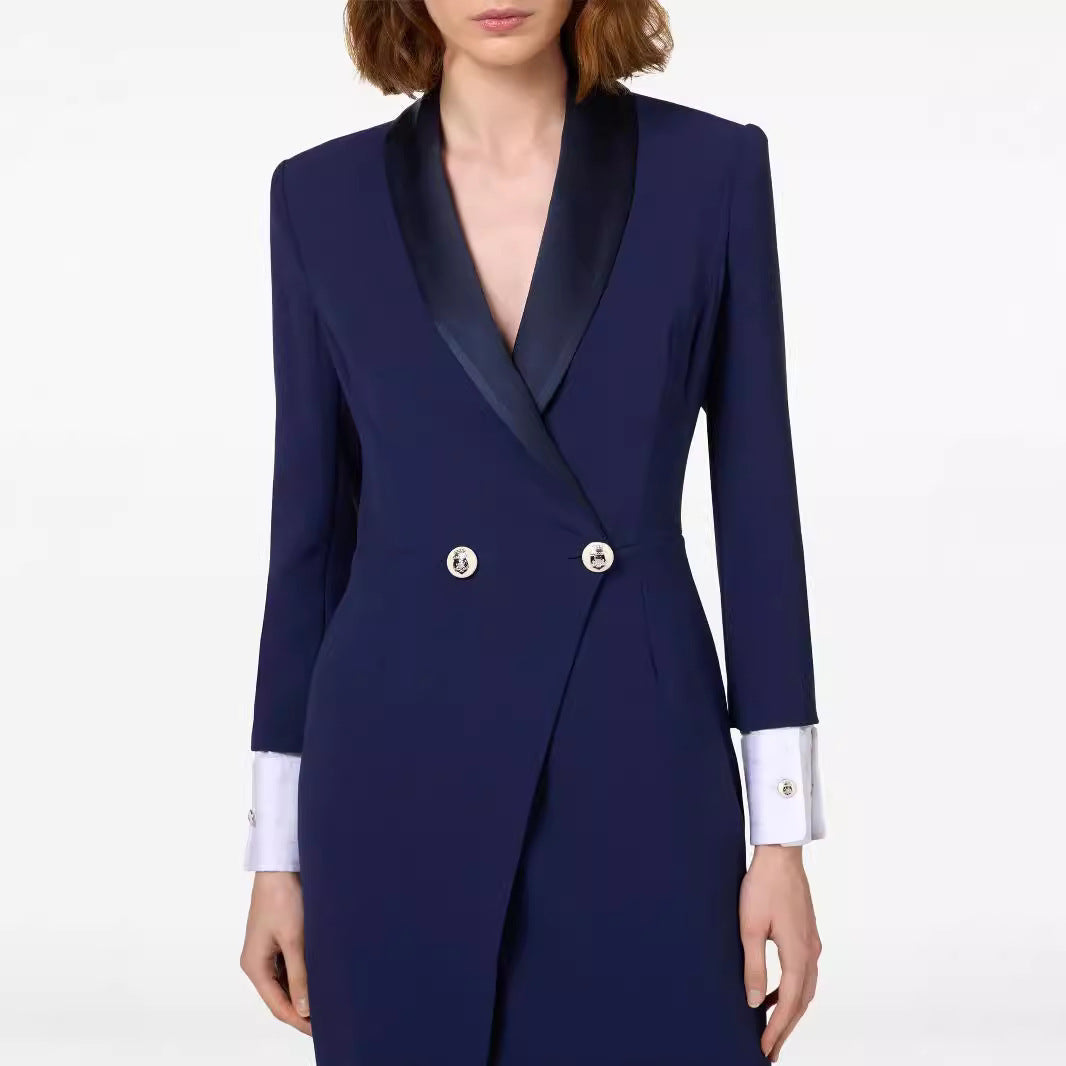 Women's Slim Smoking Blazer Dress in Maxi Length with Satin Lapels and Wrap Look Chichicherry