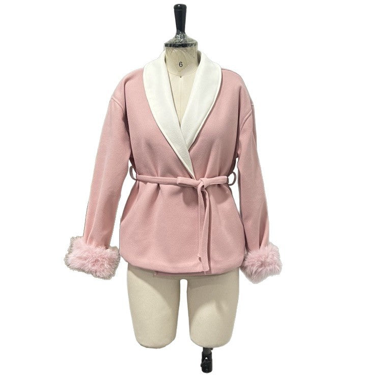 Women's short coat with wide shawl collar, belt and fur cuffs Chichicherry