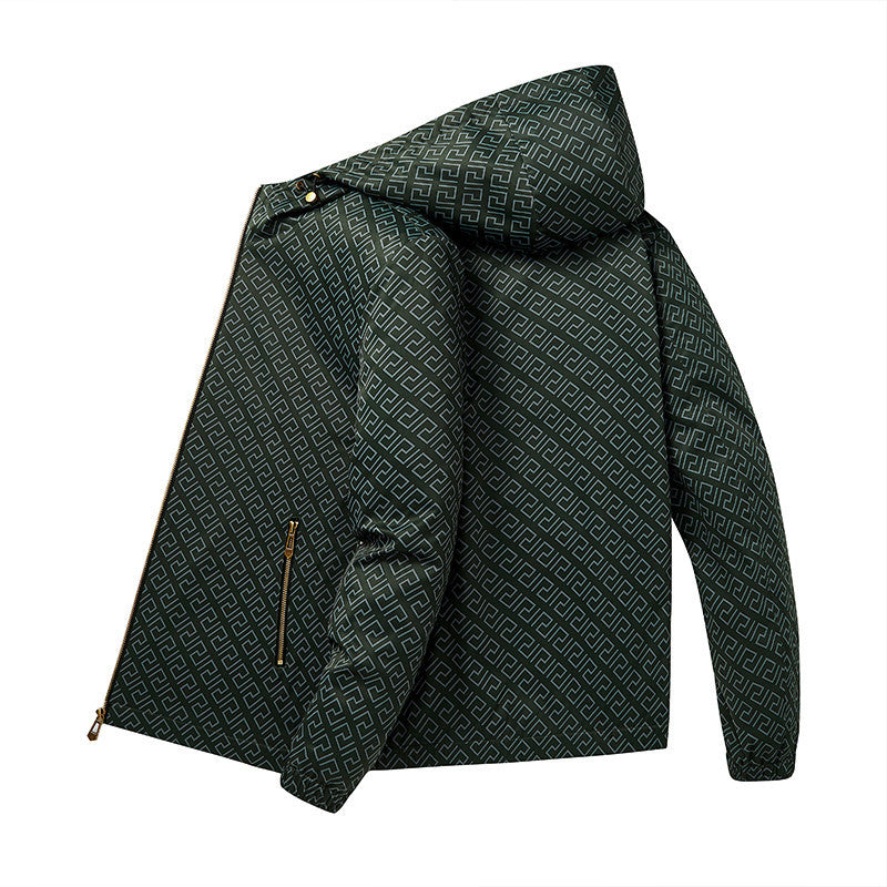 Men's Lightweight Hooded Pattern Jacket made of Microfiber with Urban Geometry Print Chichicherry