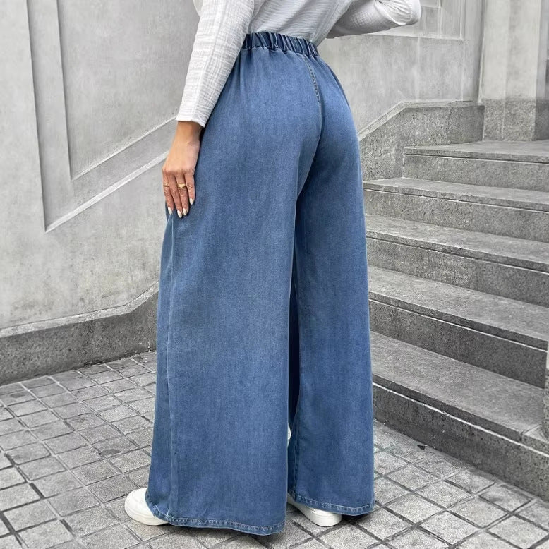 Women's Relaxed Palazzo Jeans with Drawstring Waist, Side Pockets and Extra Wide Leg Chichicherry