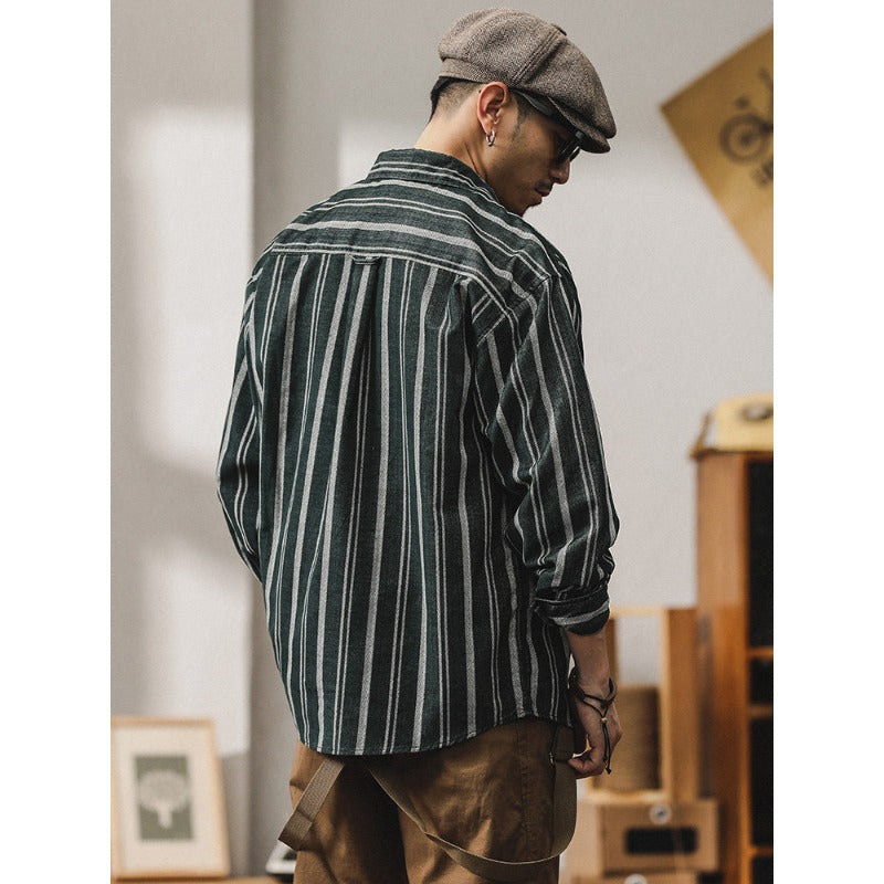 Herren Gestreiftes Overshirt-Hemd aus Baumwoll-Leinen mit Brusttaschen Chichicherry