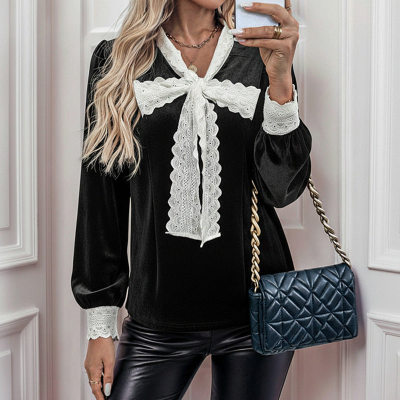 Women's Elegant Velvet Blouse with Lace Bow Collar, Lace Hem & Tailored Silhouette