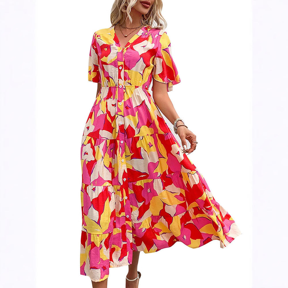Women Tiered Midi Dress with Continuous Button Placket, Fitted Elastic Waistband and Ruffle Sleeves Chichicherry