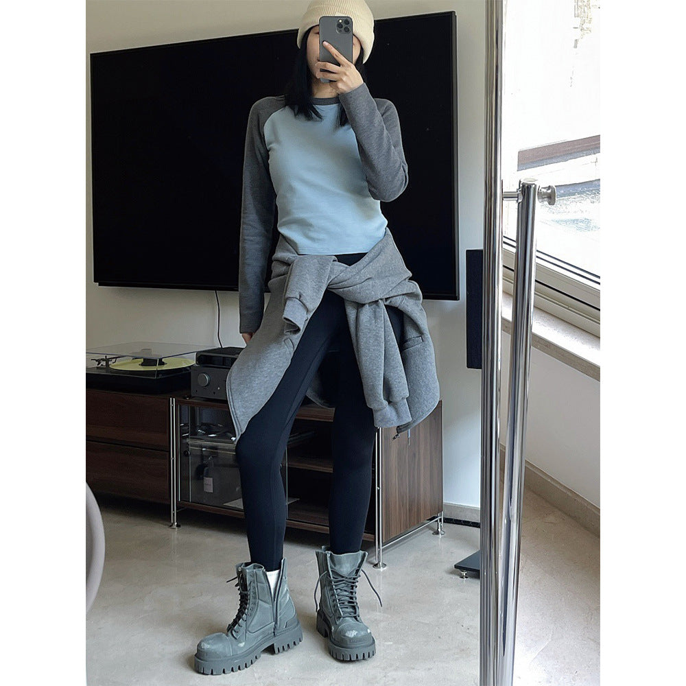 Women's Contrast Raglan Long Sleeve Shirt made of Cotton Jersey, Tailored Fit Chichicherry